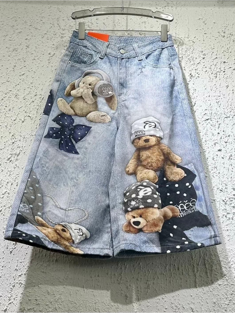 Light Blue Denim-Print Wide Leg Bottoms